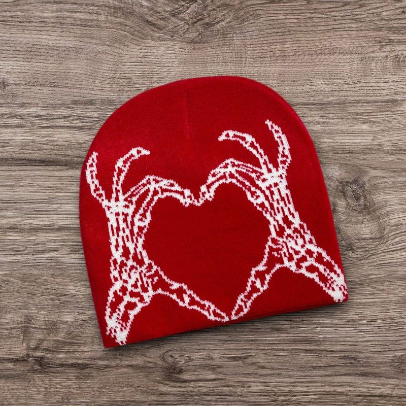Other Y2K SKULL Heart Hands Beanie | ALT Grunge Punk Red Hat Size ONE SIZE - 1 Preview