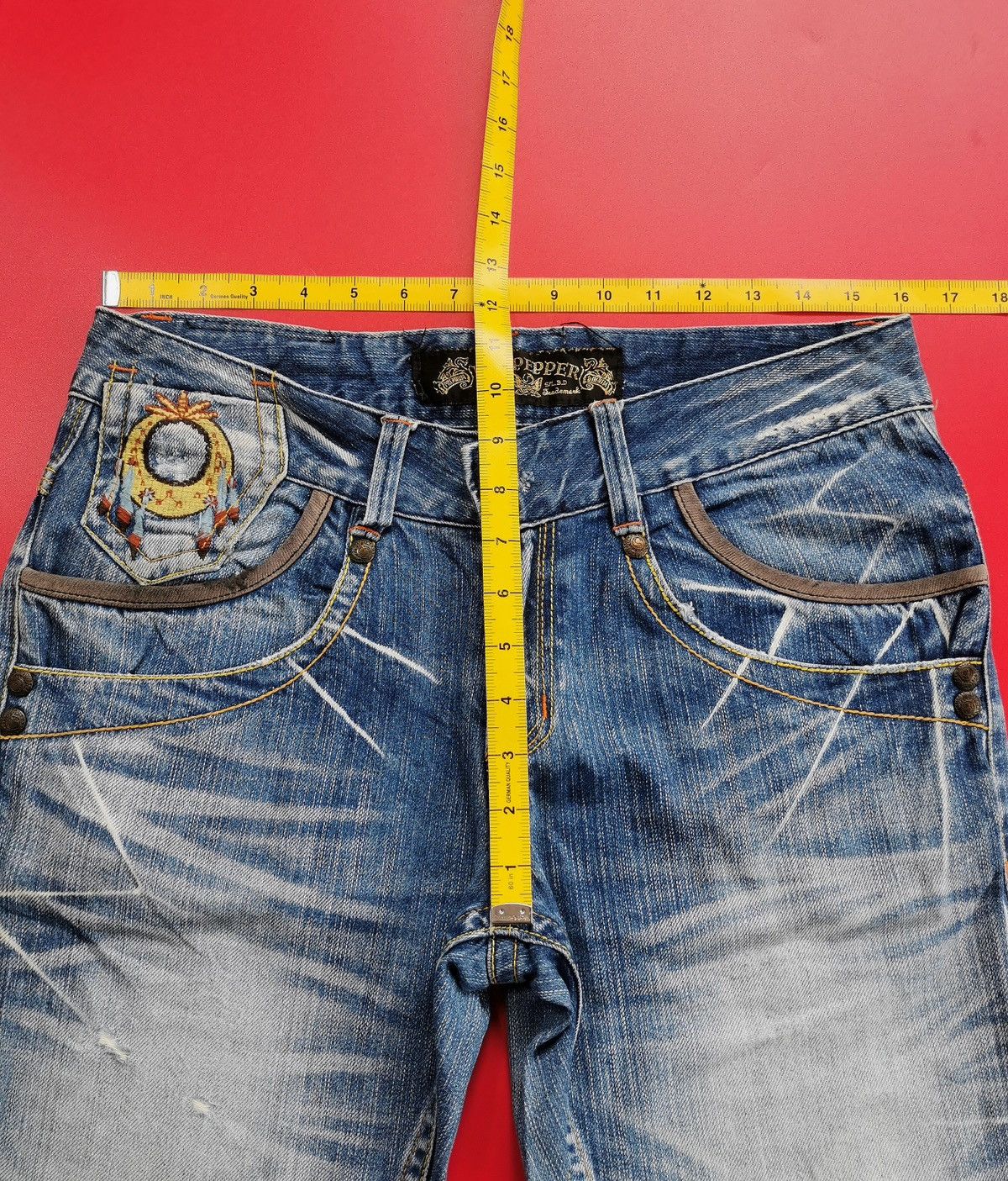 If Six Was Nine Red Pepper Red Indian Embroidery Denim Jeans Size US 32 / EU 48 - 18 Thumbnail