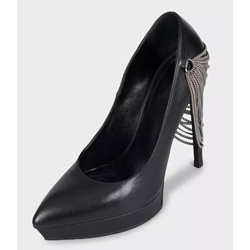 Saint Laurent Paris Saint Laurent Chain-Detail Black Leather Heels Sz.37 Size US 6 / IT 36 - 3 Thumbnail