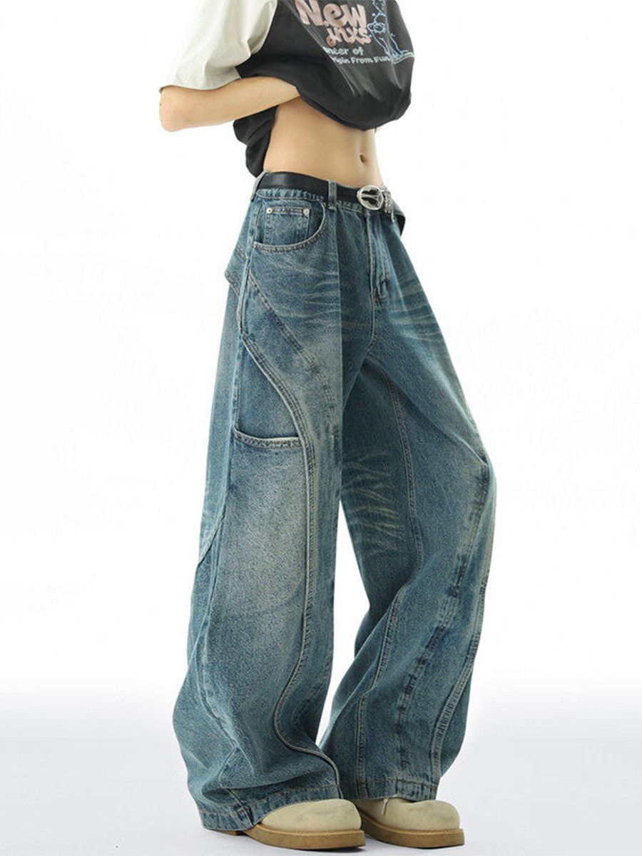 Vintage American men's loose retro patchwork washed curved jeans Size US 32 / EU 48 - 3 Thumbnail