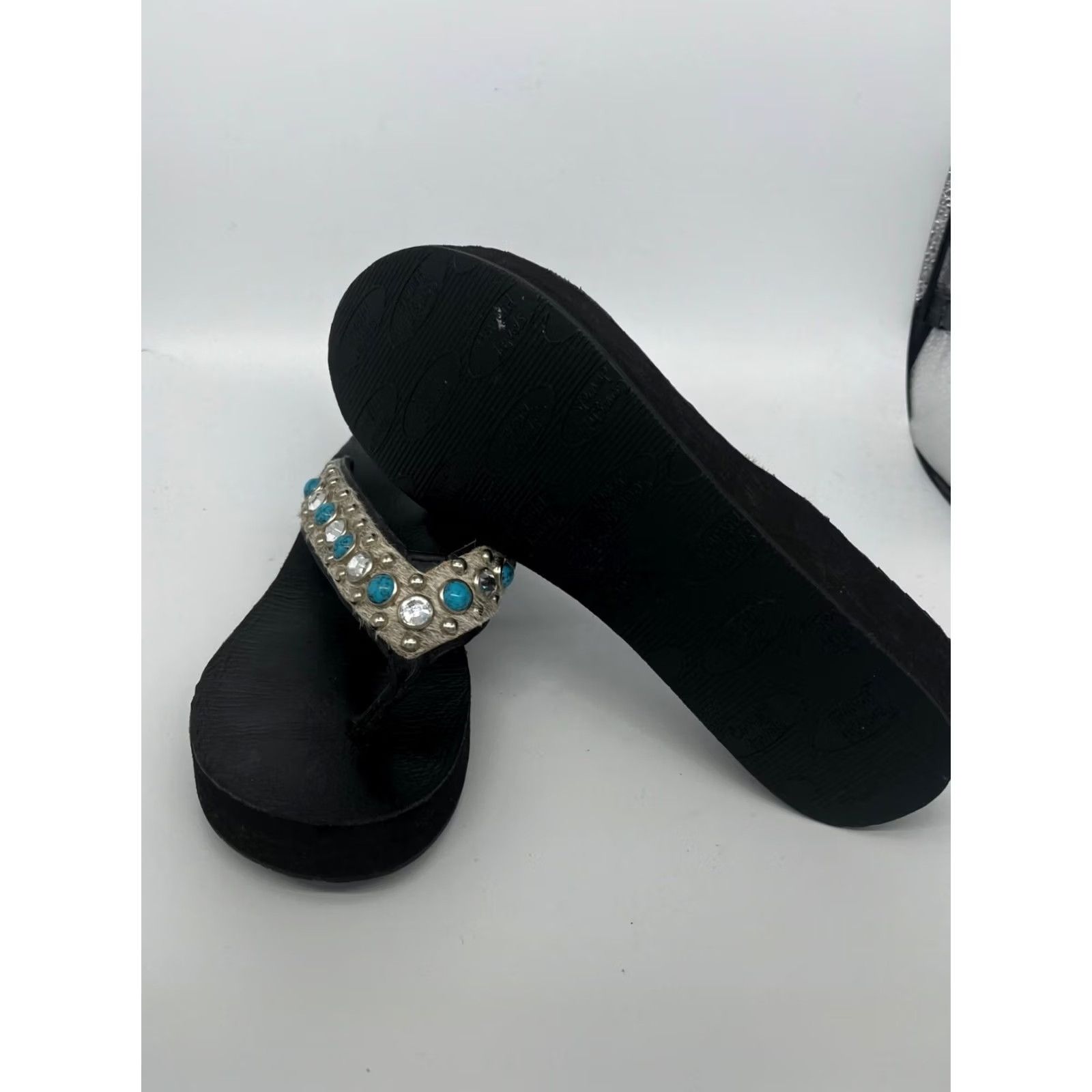 Vintage VINTAGE Women’s Sandal Platform Black 9.5 Strappy Cowboy Jewels Womens 9.5 Black Turquoise Gems Fur 1.5" Like New Size US 10 / IT 40 - 5 Thumbnail