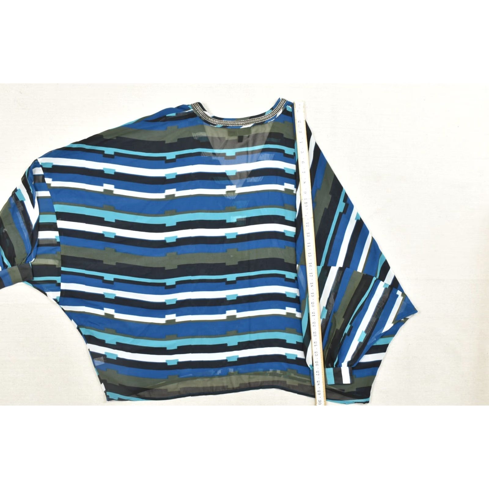 Vintage Lane Bryant Top Womens 18/20 Blue Geometric Striped V-Neck Beaded Trim Dolman Shirt Size XXL / US 16-18 / IT 52-54 - 5 Thumbnail