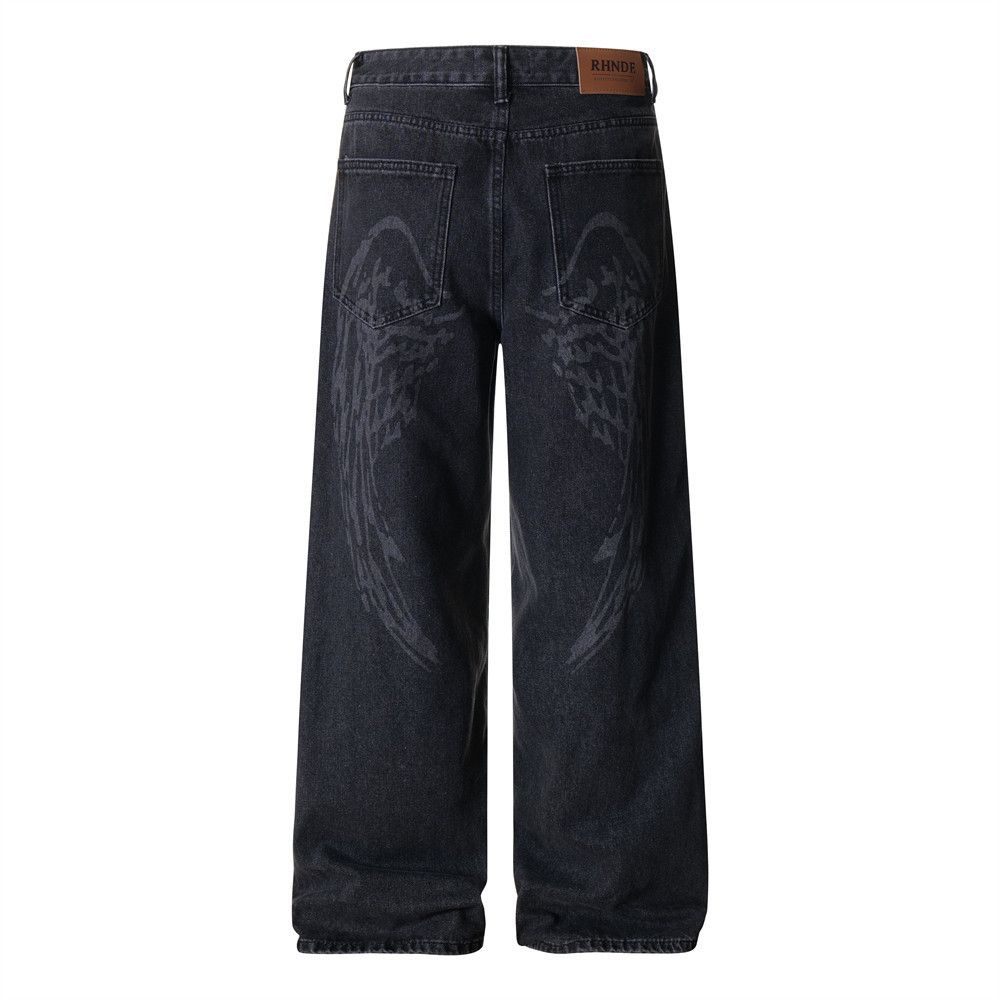 Jean Men's hip-hop trendy wing print casual loose straight jeans Size US 32 / EU 48 - 1 Thumbnail