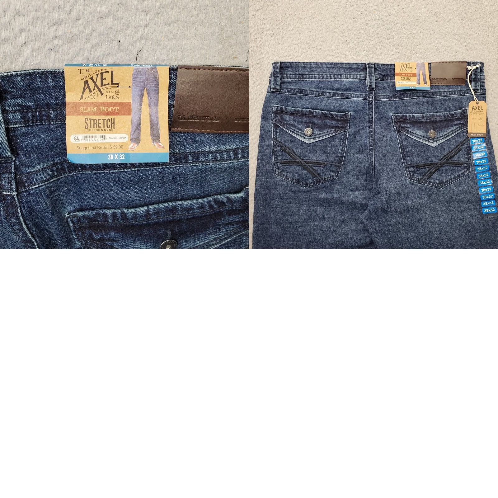 Denime Axel Slim Bootcut Jeans Mens 38x32 Blue Denim Stretch Dark Wash Stitch Size US 38 / EU 54 - 9 Thumbnail