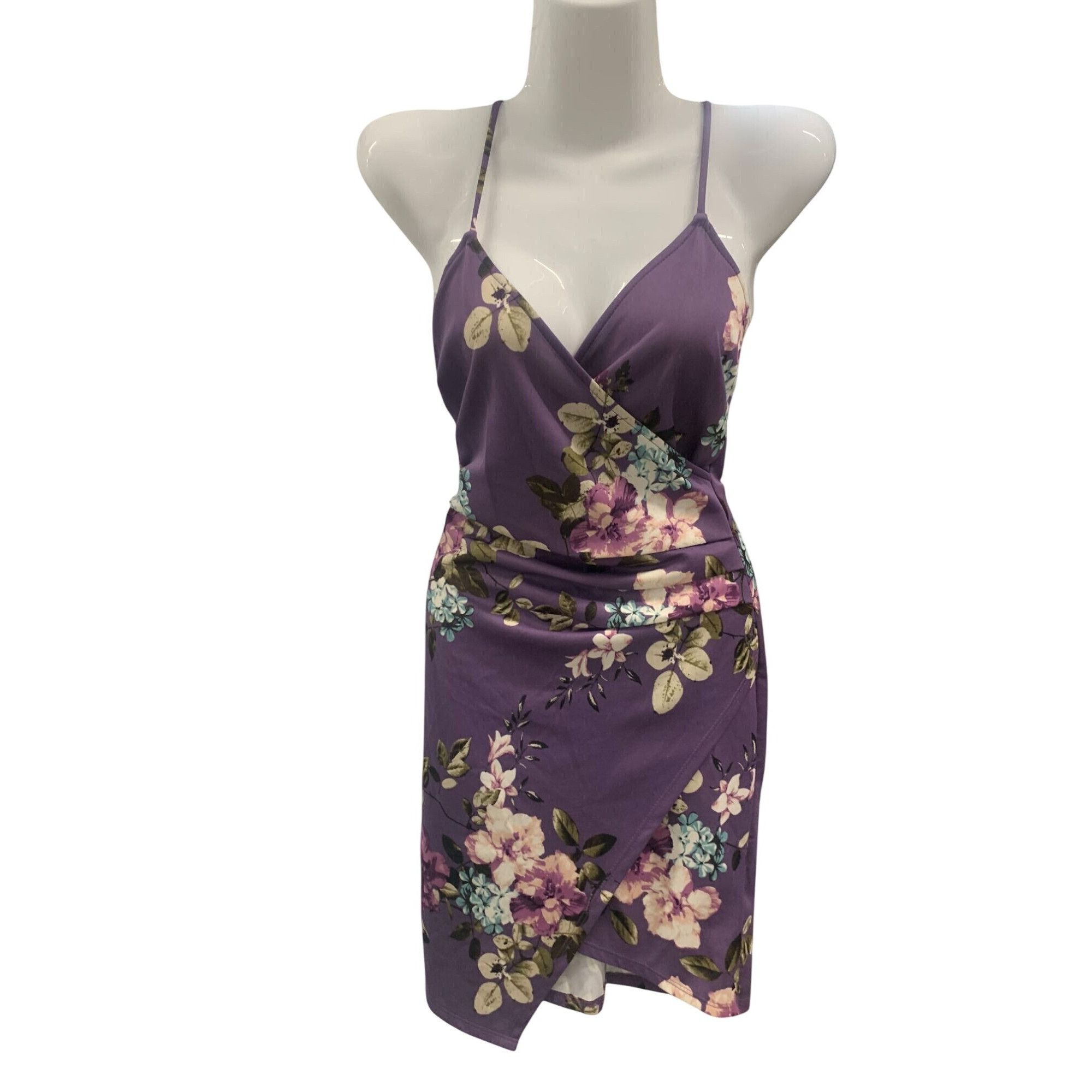 Other Purple Floral Wrap Dress With Spaghetti Straps & Stretchy Fi Size M / US 6-8 / IT 42-44 - 3 Thumbnail