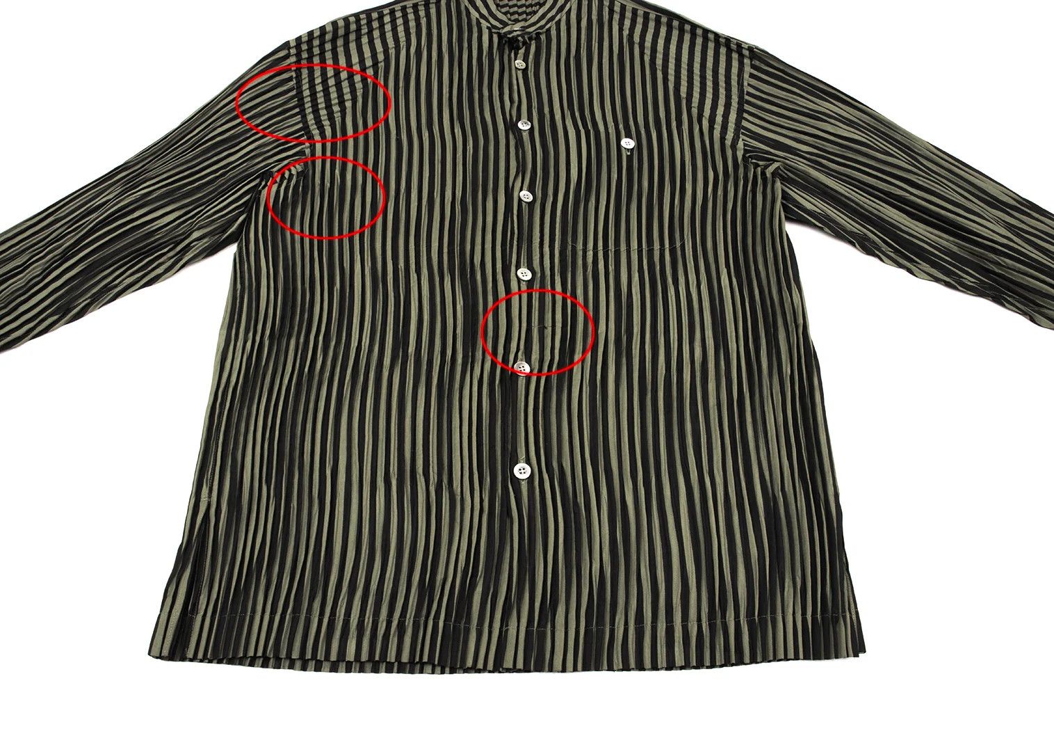 Issey Miyake Pleated Stripe Band Collar Shirt in Black Khaki M Size US M / EU 48-50 / 2 - 11 Thumbnail