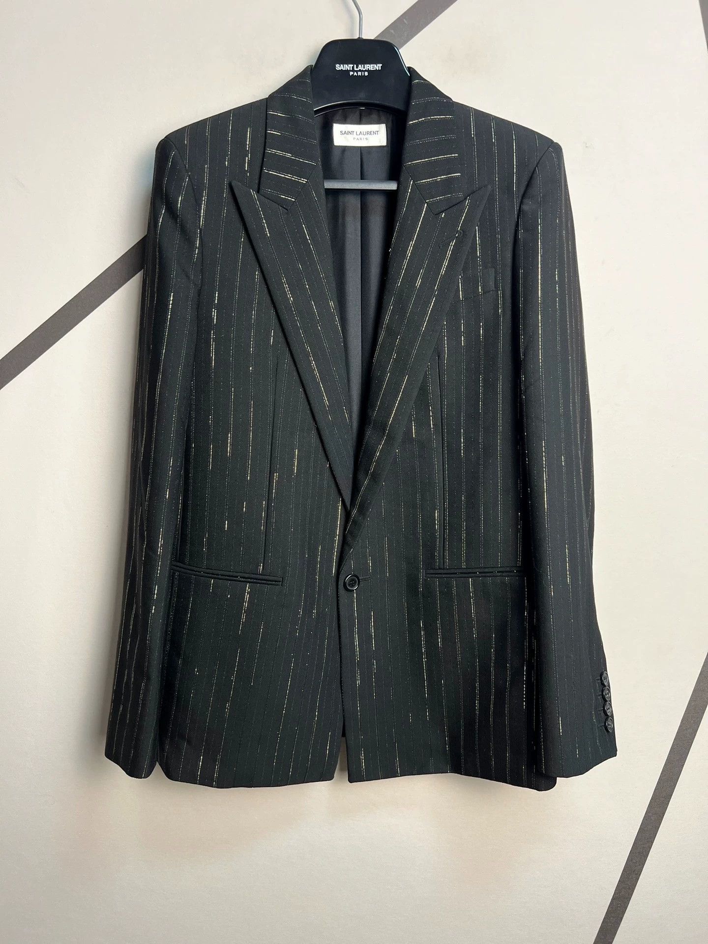 Saint Laurent Paris SLP gold-stripe peaked-lapel wool suit Size 46R - 1 Thumbnail