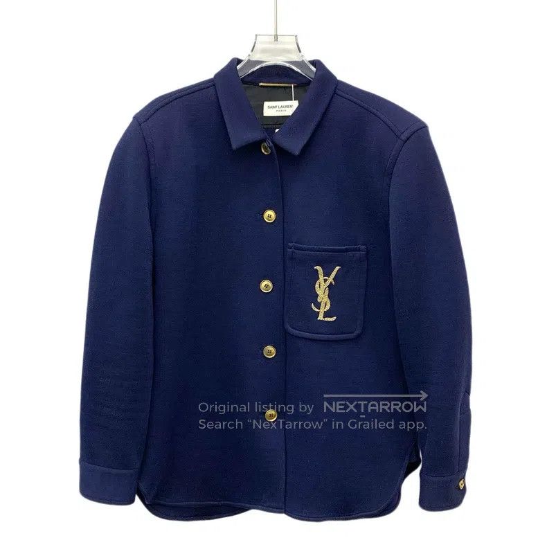 Saint Laurent Paris Saint Laurent Paris Navy Blue Logo Embroidered Wool Lapel Size US M / EU 48-50 / 2 - 1 Thumbnail