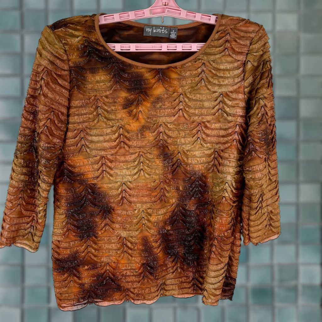 Vintage VINTAGE My Knits Shear Ruffled Blouse Womens Size S Brown Geo Pattern USA Made Size S / US 4 / IT 40 - 1 Thumbnail