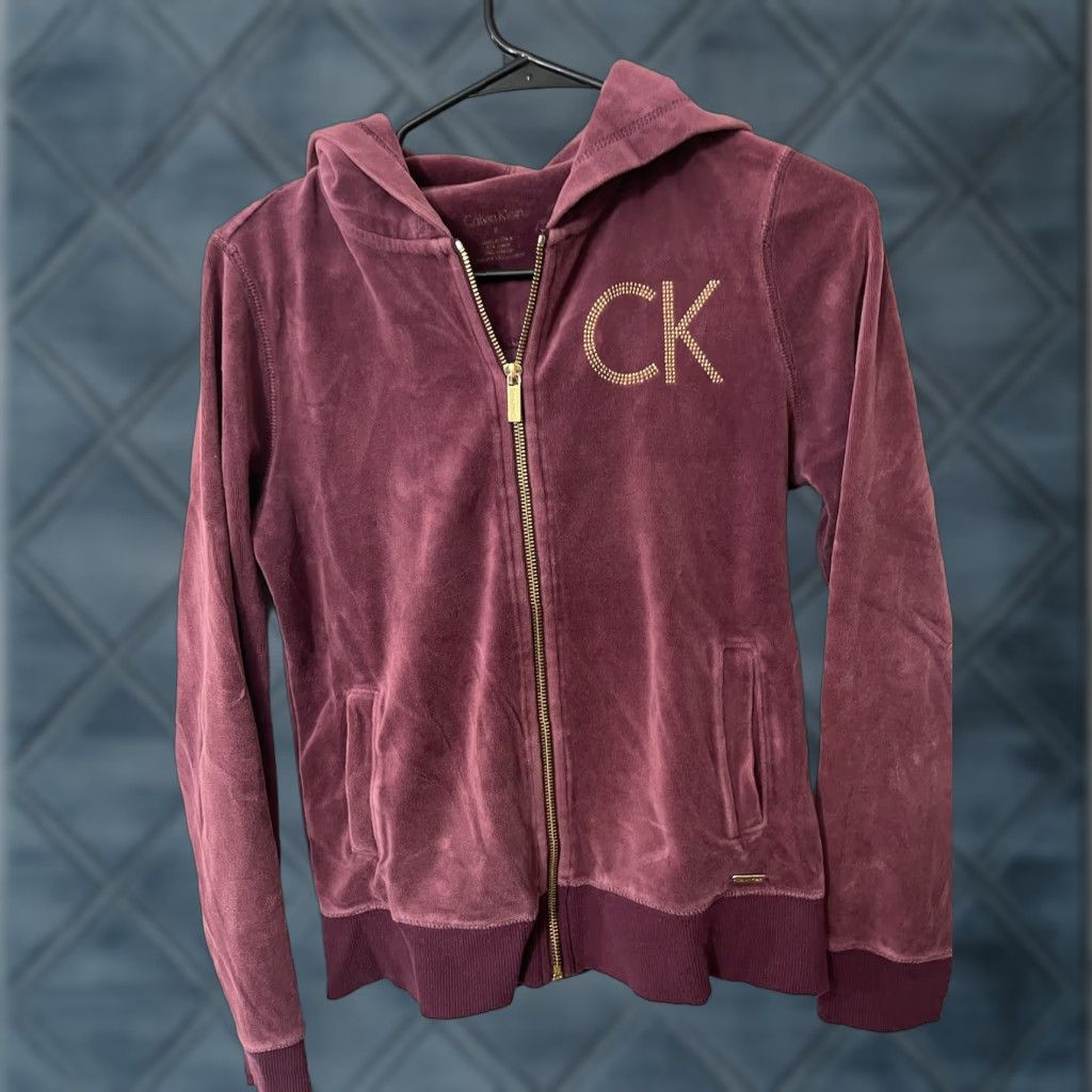 Calvin Klein VINTAGE Calvin Klein Hoodie Full Zip Velour Logo Women Small Burgundy Activewear Size S / US 4 / IT 40 - 1 Thumbnail