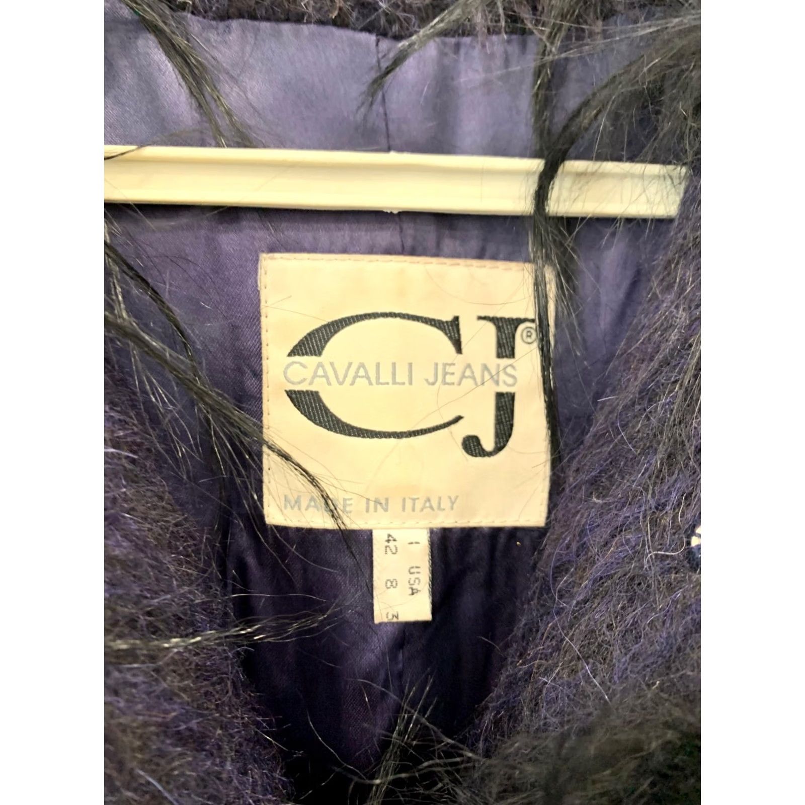 Vintage VINTAGE Cavalli Jeans Faux Fur Long Coat Purple Green Trim Women’s 8 CJ Made in Italy Overcoat 42 inch Fur Trim Womens Size 30" / US 8 / IT 44 - 3 Thumbnail