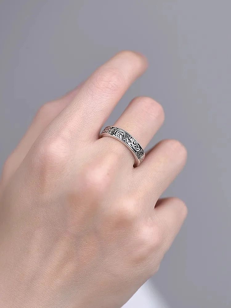 Jewelry × Vintage Silver Retro Tang Grass Pattern Ring Vintage Style Size ONE SIZE - 3 Thumbnail