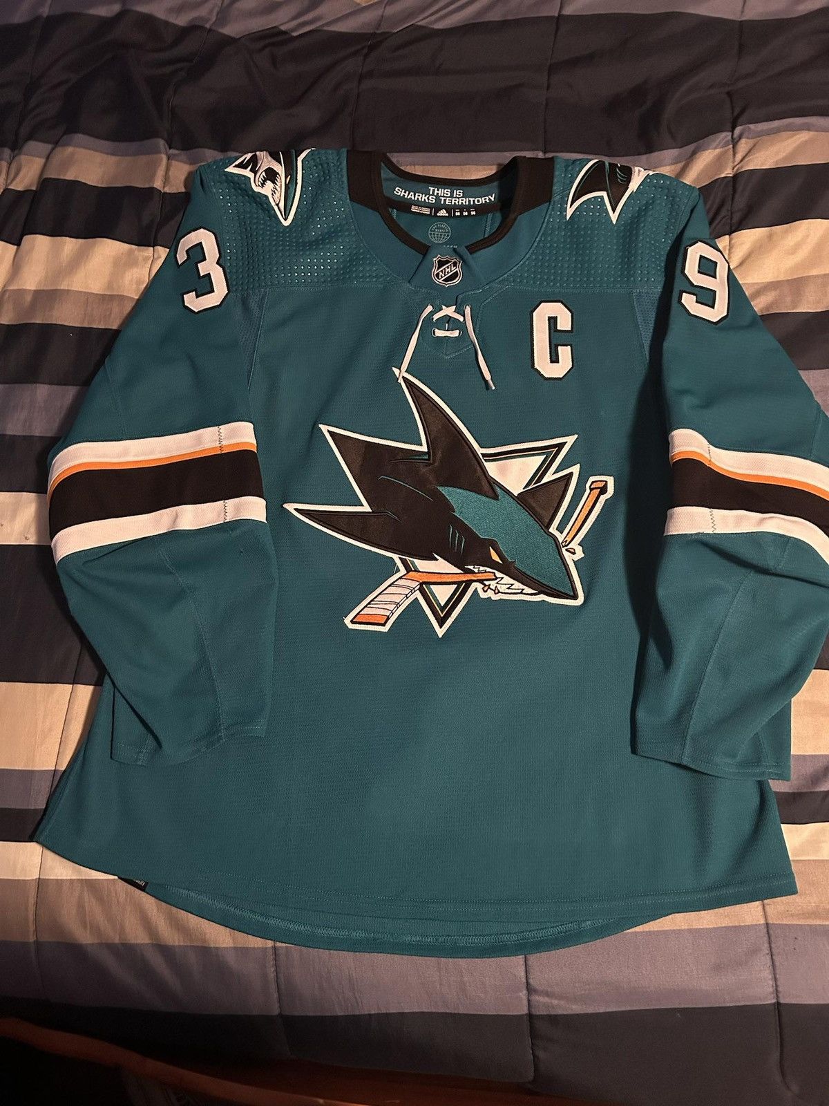 image of Adidas x Made In Canada Logan Couture San Jose Sharks Game Worn 21-22 Mic Jersey in Teal (Size XL)