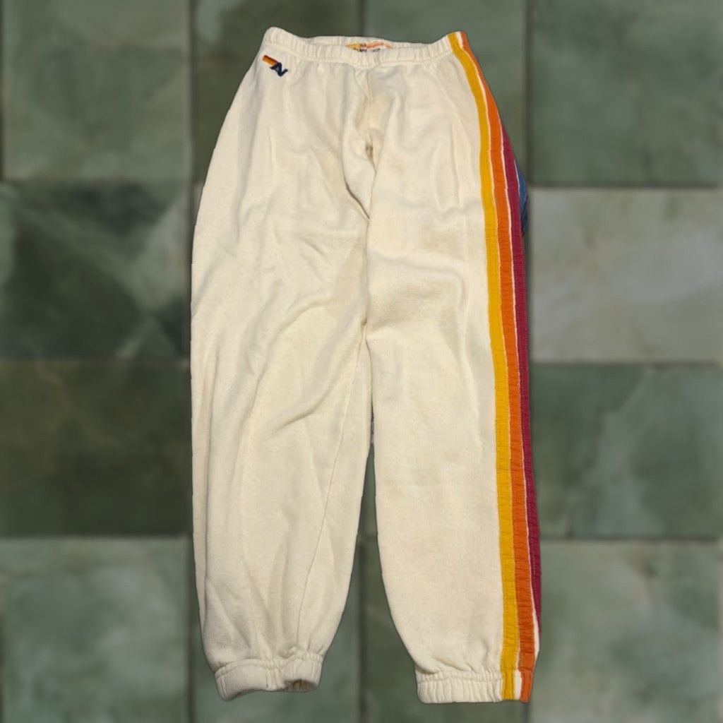 Aviator Nation Aviator Nation Sweatpants XS Unisex 5 Stripe Cream Jogger Drawstring Elastic Waist Cotton Blend Made In USA Beach Rainbow California Size 26" / US 2 / IT 38 - 1 Thumbnail