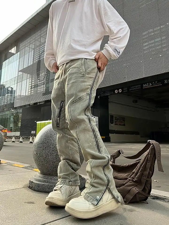 Japanese Brand Straight Jeans Men Side Zipper Patchwork Slim Size US 32 / EU 48 - 3 Thumbnail