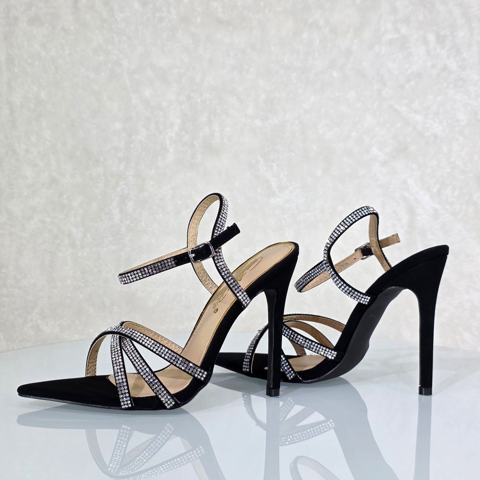Other Marge Black Velvet Rhinestone Ankle Strap High Heels Evening Size US 5.5 / IT 35.5 - 2 Thumbnail