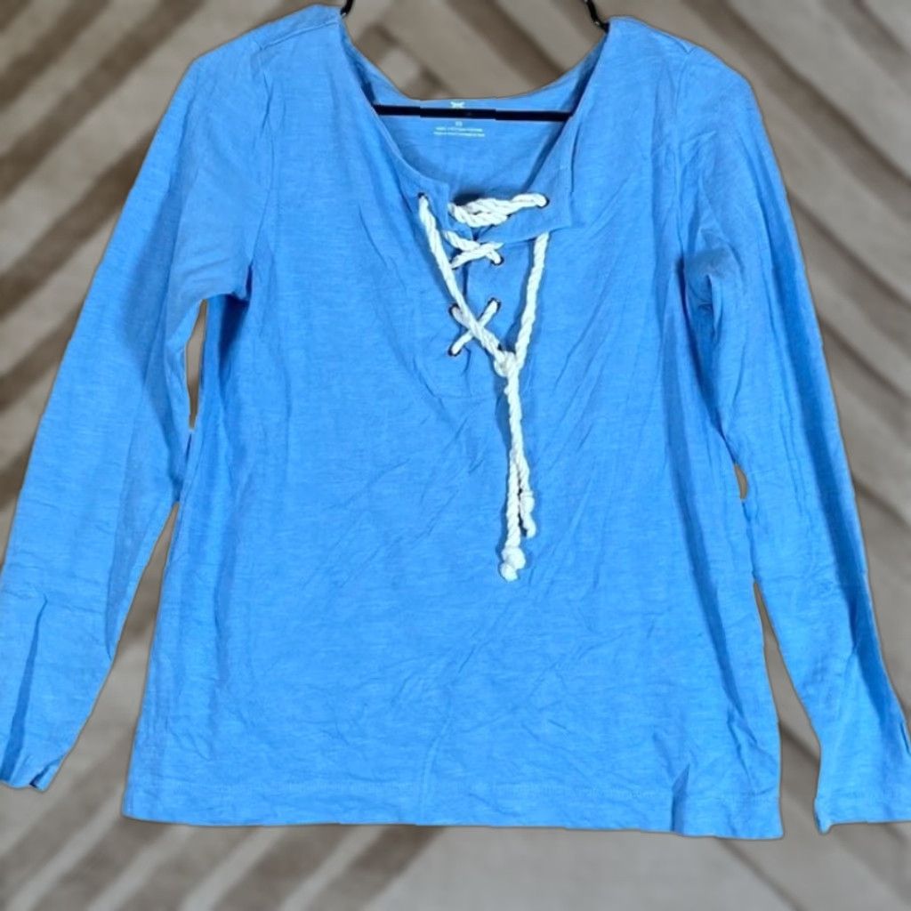 Talbots Talbots Women's Shirt Blue White V-Neck Long Sleeve 100% Cotton XS Casual Everyday Beachwear Shirt Womens Size XS / US 0-2 / IT 36-38 - 1 Thumbnail