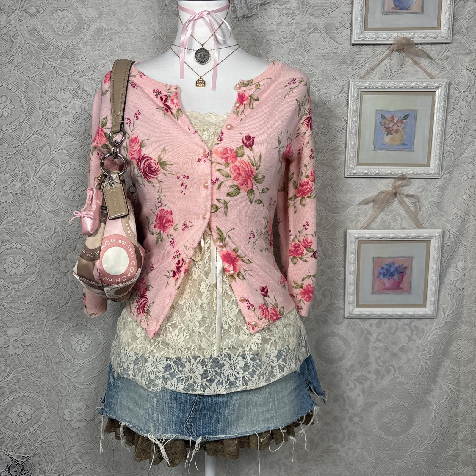 Other vintage pink floral coquette fitted cardigan Size M / US 6-8 / IT 42-44 - 3 Thumbnail