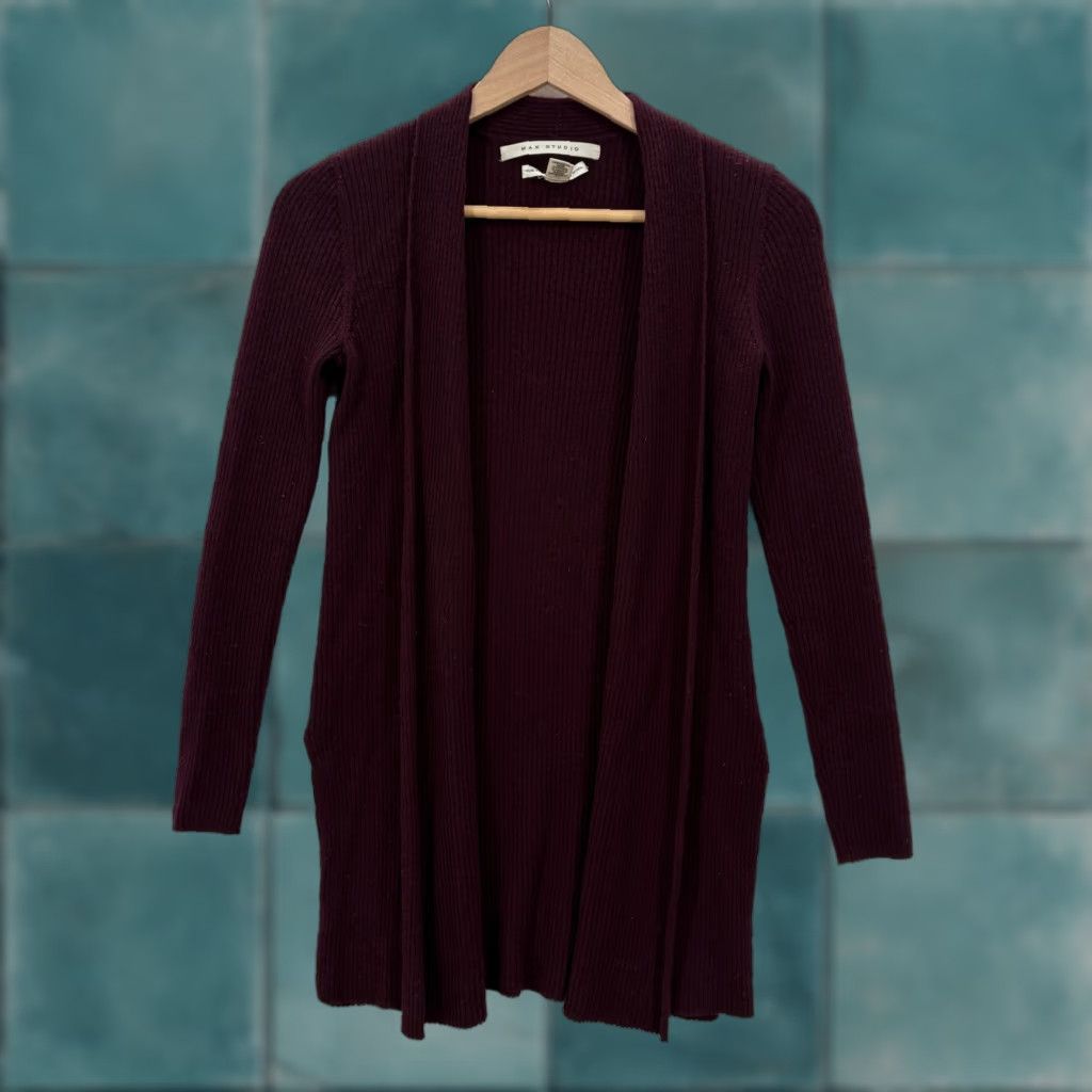 Vintage Max Studio Cardigan Sweater Womens Small Purple 100% Merino Wool Open Front Cozy V-Neck Knit Solid Regular Fall Casual Mens Womens Girls Boys Size S / US 4 / IT 40 - 1 Thumbnail