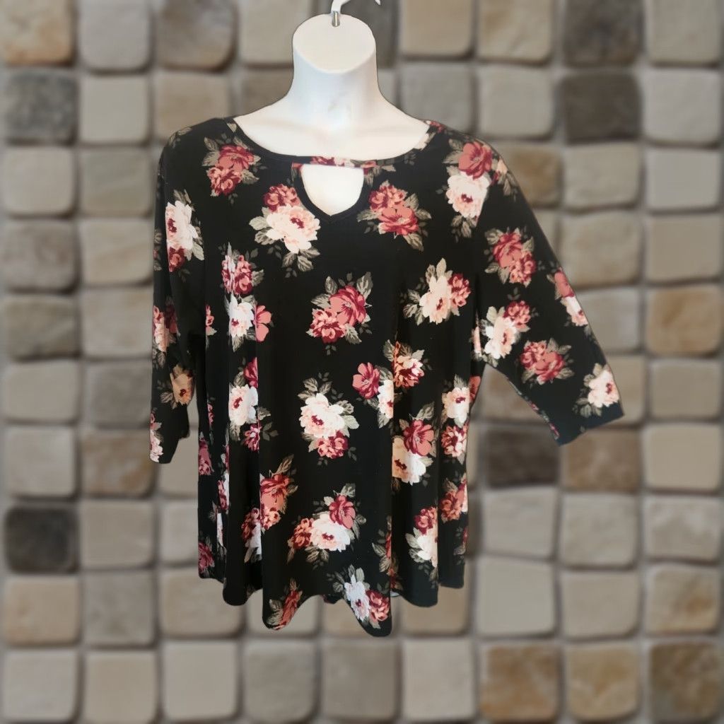 Vintage Bobbie Brooks Black Floral Print Keyhole Trim Casual Top Shirt 3X Plus Size XXL / US 16-18 / IT 52-54 - 1 Thumbnail