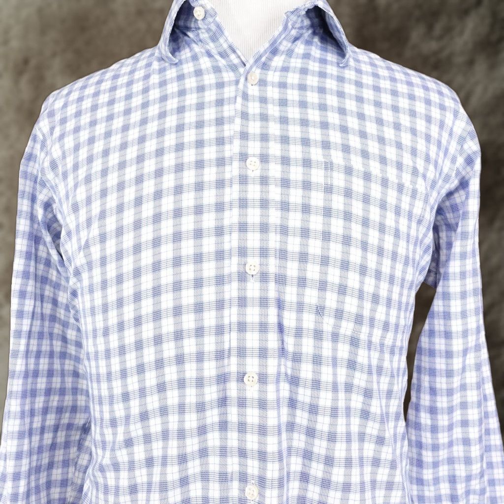 Vintage KIRKLAND Signature Dress Shirt Mens Large 16 35 Blue White Plaid Non-Iron Work Office Classic Size 42R - 1 Thumbnail