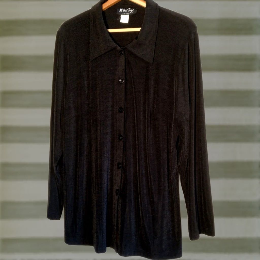 Vintage All That Jazz Shirt 16 Black Stretch Nylon Lagenlook Collared Button Up Women Witches Gothic Batique Size XXL / US 16-18 / IT 52-54 - 1 Thumbnail