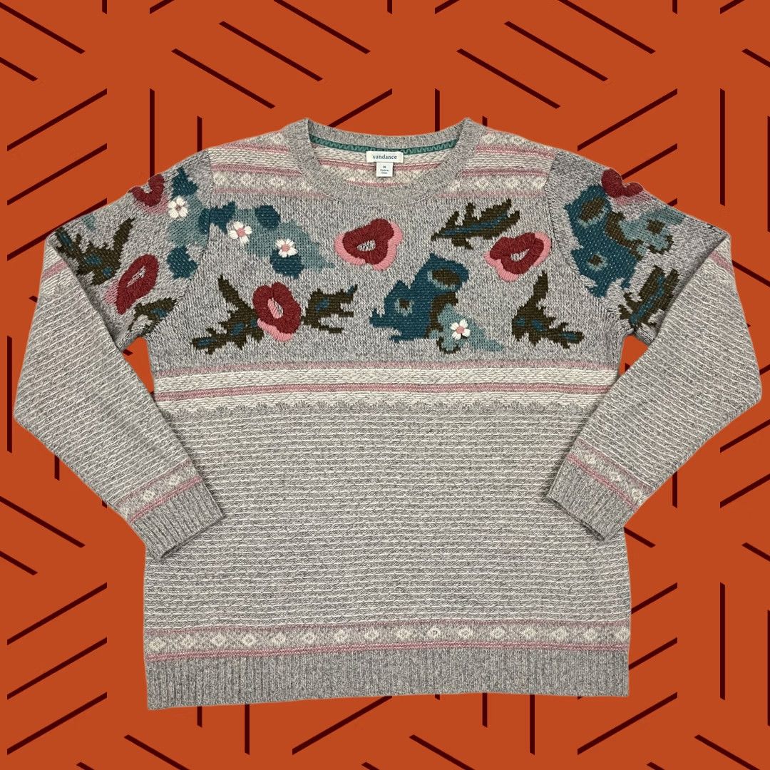Vintage Sundance Sweater Women M Gray Floral Wool Blend Crewneck Knit Pullover, Casual, Boho Core Size M / US 6-8 / IT 42-44 - 1 Thumbnail