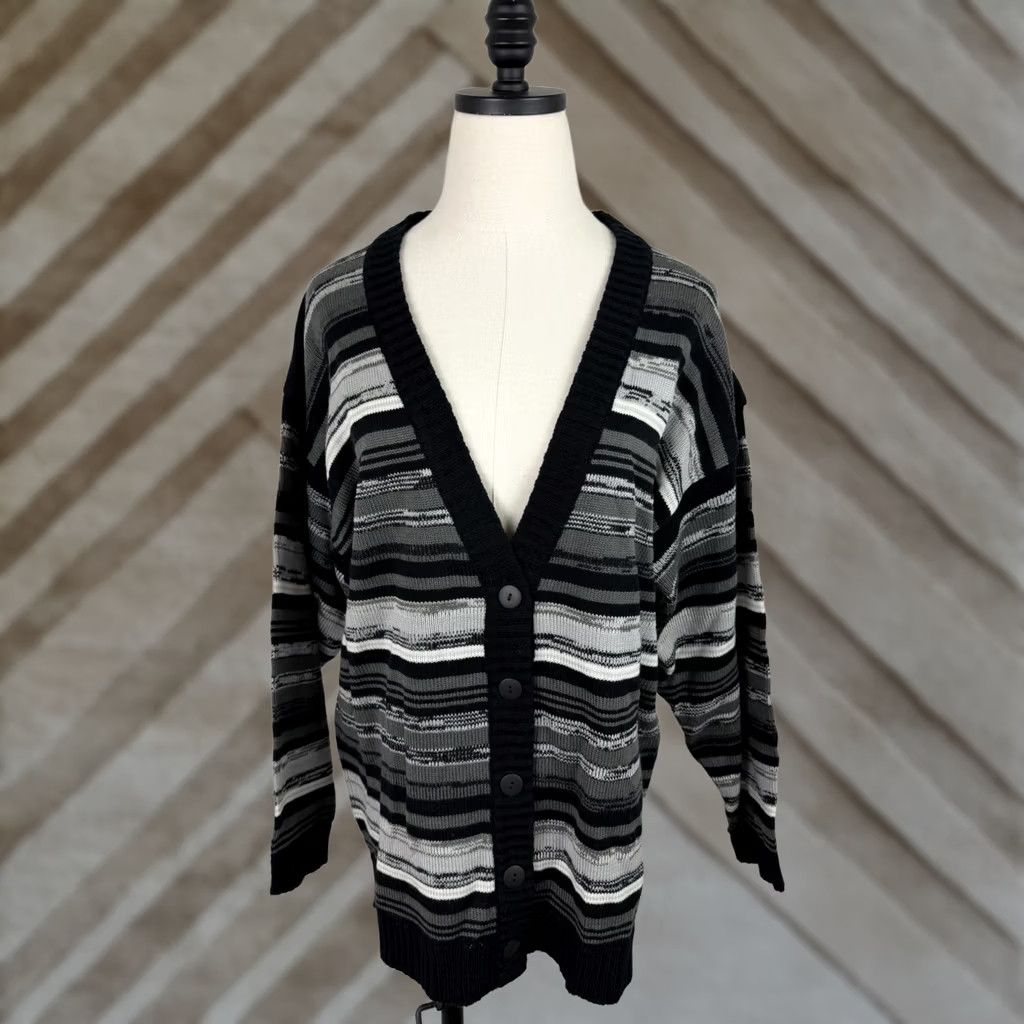 Vintage VINTAGE Cardigan Sweater Womens Large 90s Space Dye Stripe Charcoal Gray V-Neck Size L / US 10 / IT 46 - 1 Thumbnail