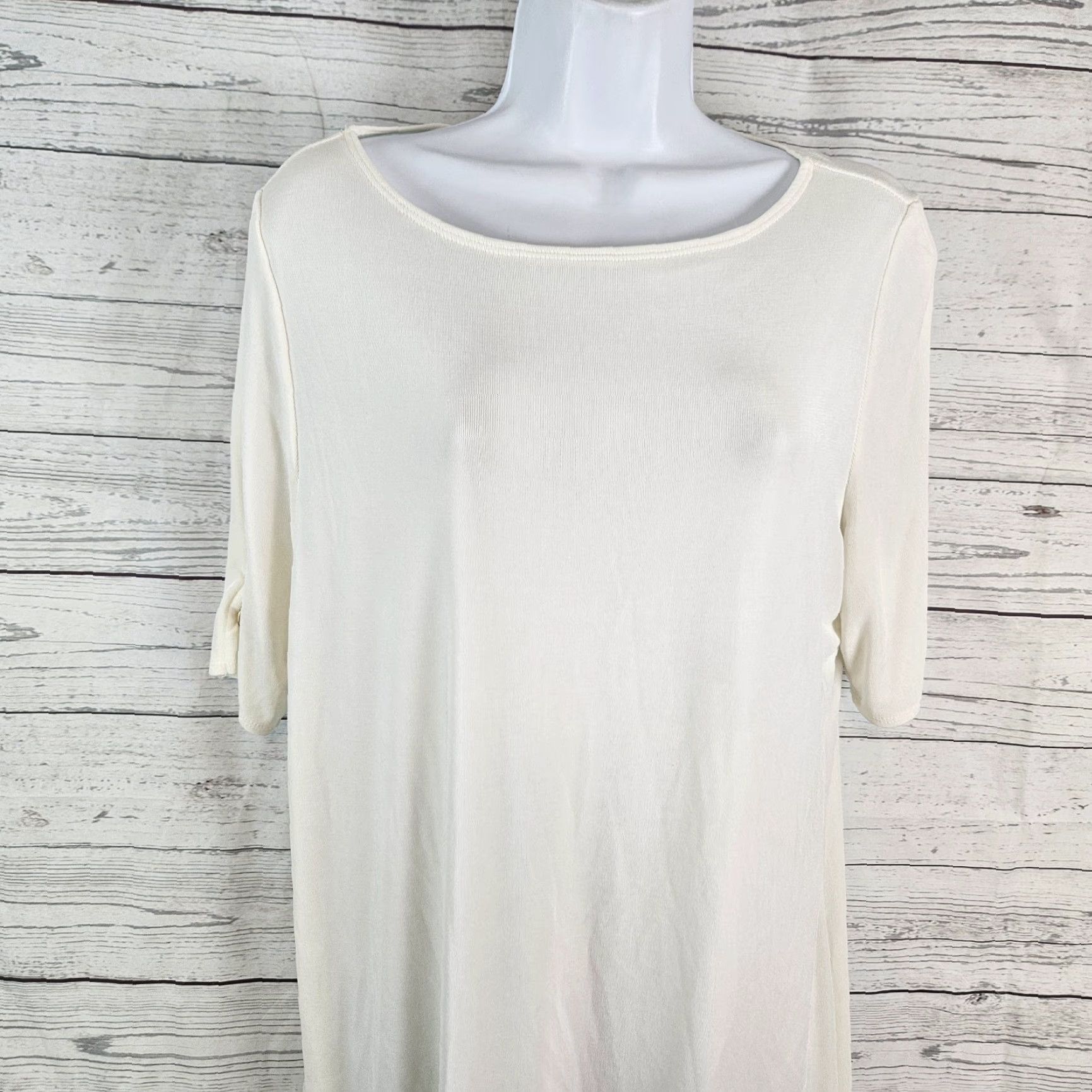 Vintage Chico's Travelers Blouse Shirt Womens Top M Ivory Half Sleeves Pullover Solid Knit Spandex Acetate Casual Travel Basic Vintage No Size M / US 6-8 / IT 42-44 - 2 Thumbnail