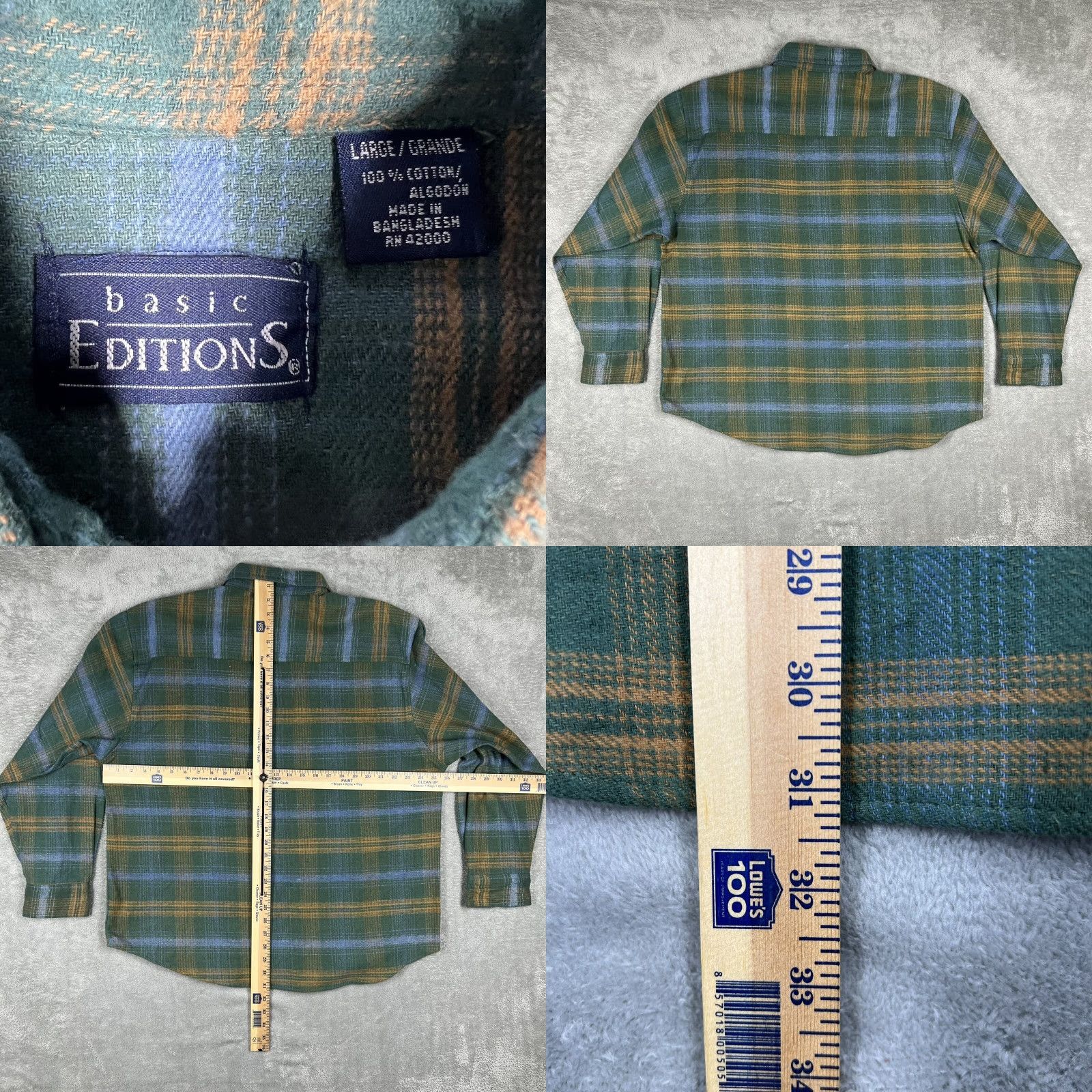 Basic Editions VINTAGE Basic Editions Men's Large Flannel Shirt Green Plaid Cotton Long Sleeve Size US L / EU 52-54 / 3 - 8 Thumbnail