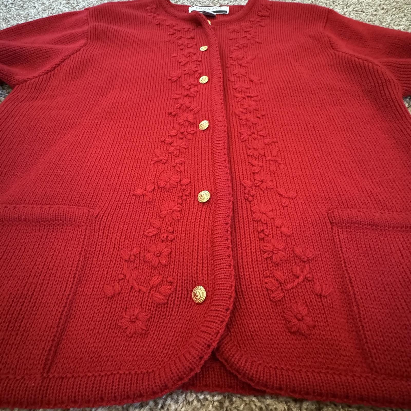 Lands' End Krystal Kobe Red Knit Cardigan Small with Floral Embroidery Size M / US 6-8 / IT 42-44 - 2 Thumbnail
