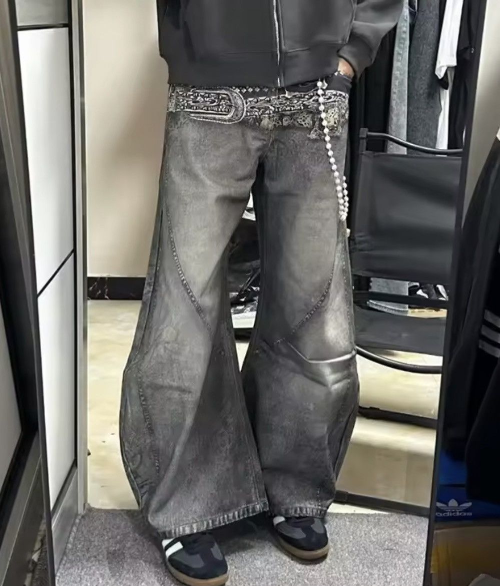 Japanese Brand Mud Wash Wide Leg Denim - Y2K Double Belt Graphic Size US 33 - 6 Thumbnail