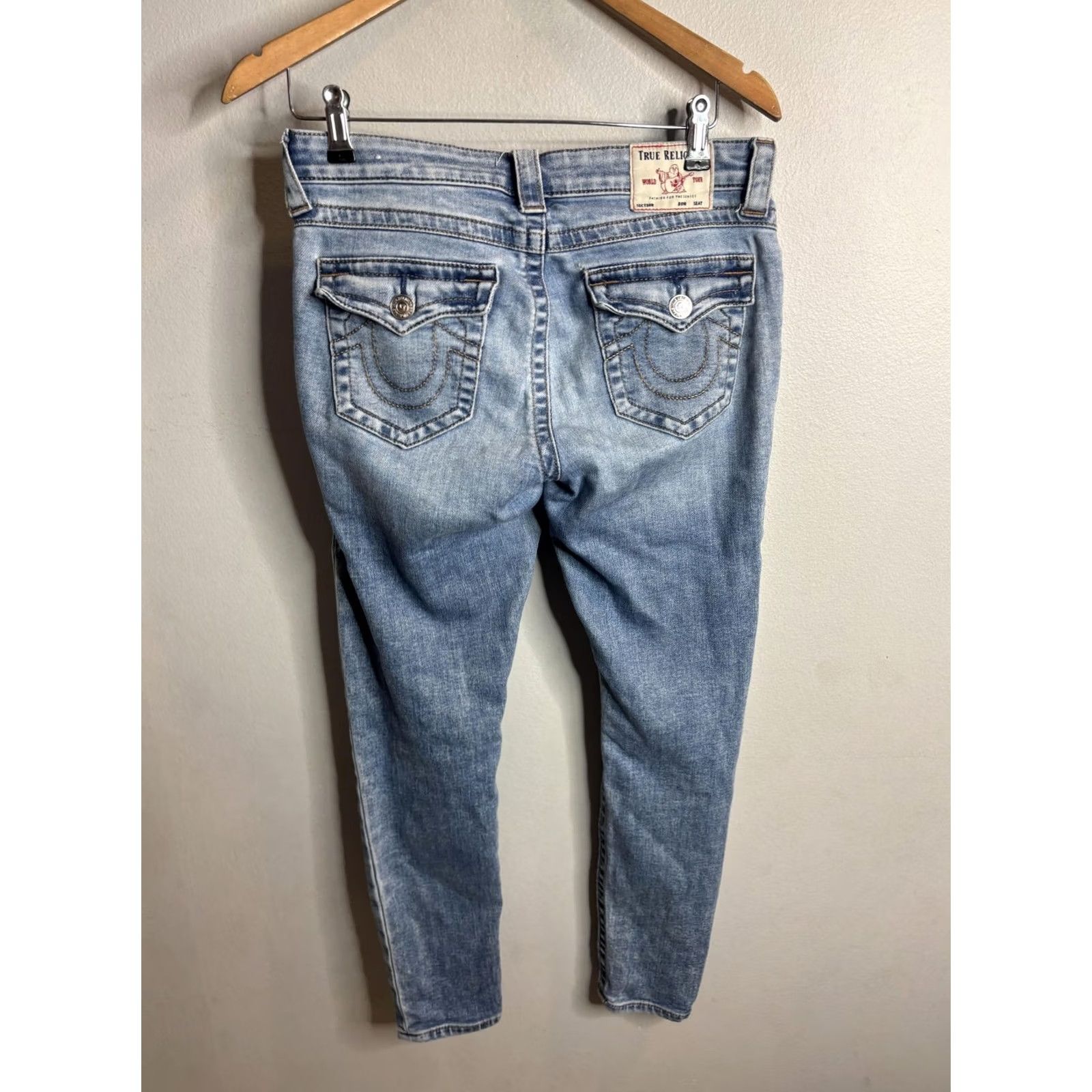 True Religion True Religion Jeans Womens 29 Blue Light Wash Distressed Skinny Denim Low Rise Slim Pockets Logo Buddha Vintage? No, not vintage. Size 29" - 6 Thumbnail