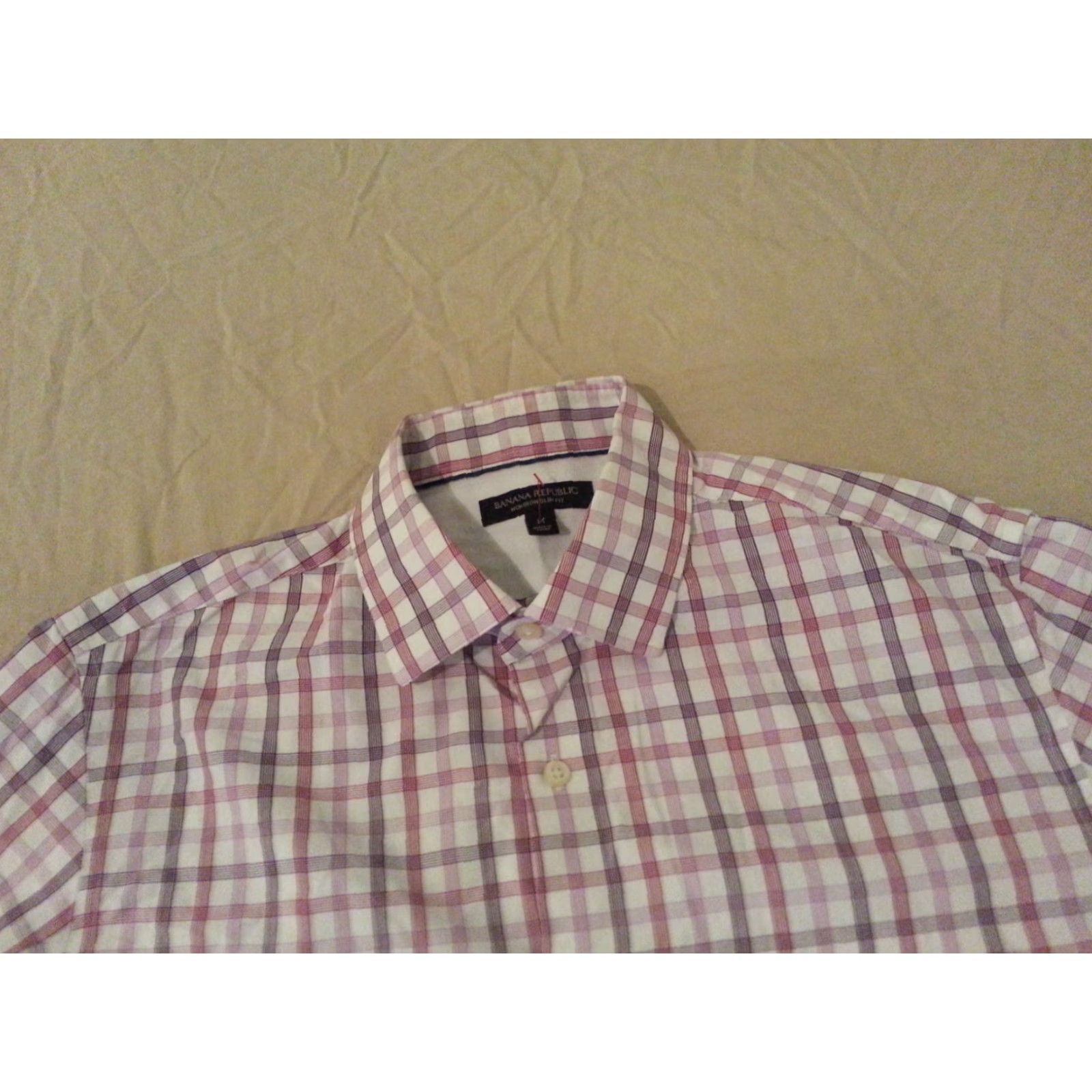 Banana Republic VINTAGE Banana Republic Dress Shirt Mens Plaid Cotton White Purple M Medium Long Sleeve Buttons Size 40R - 3 Thumbnail