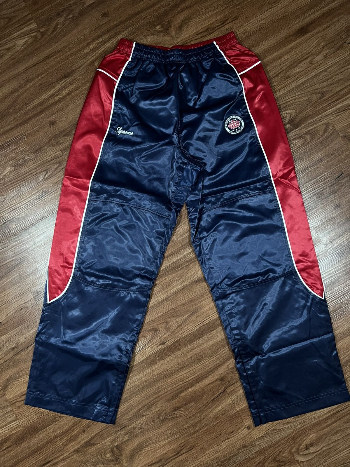 Image of Hypebeast x Supreme Satin Track Pant Navy And Red Size S in Navy Red, Men's