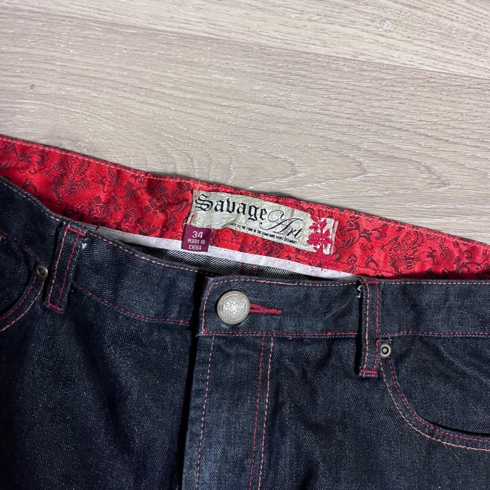 Other Y2K Savage Art Mens Dark Wash Denim Jeans Red Stitching Deta Size US 37 - 4 Thumbnail