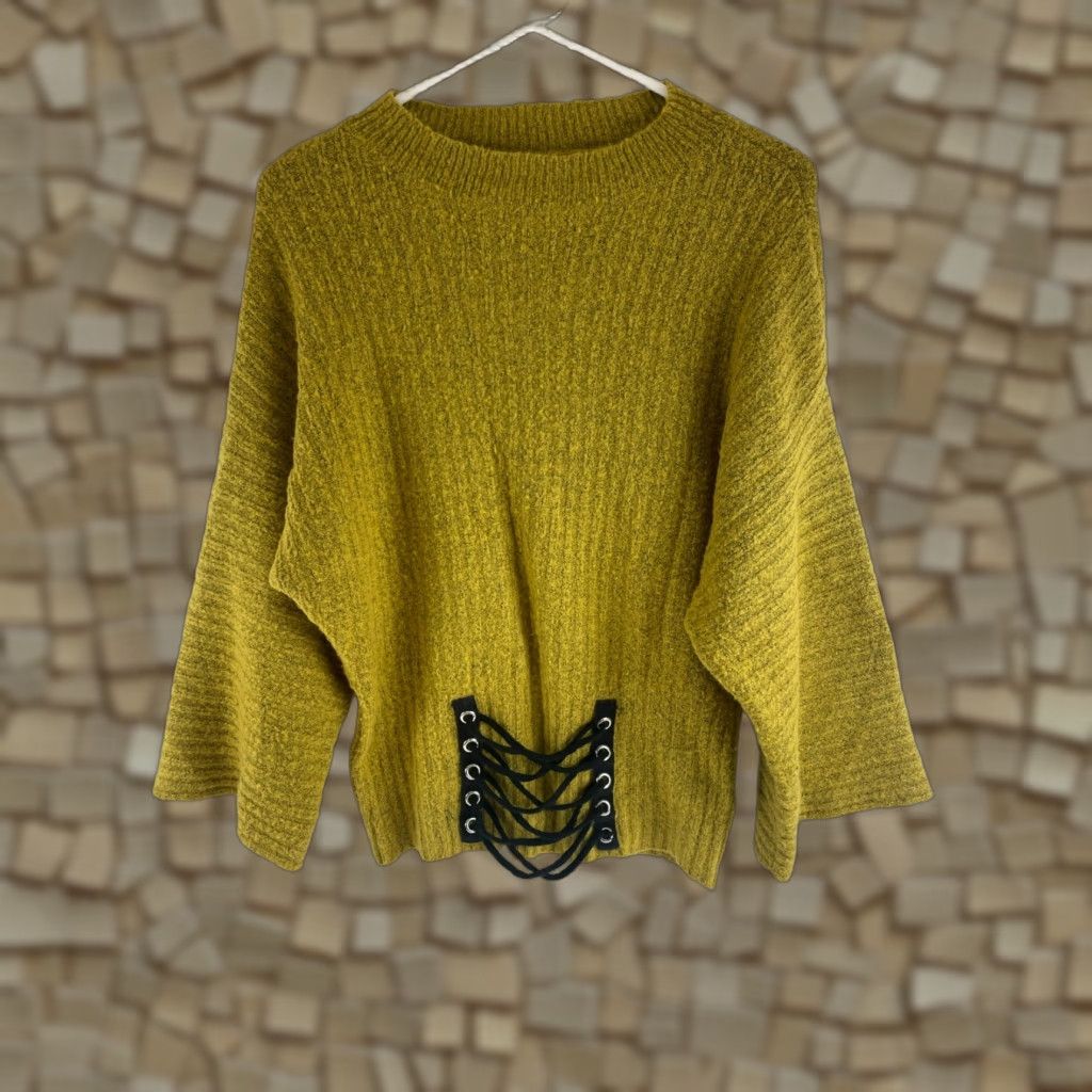 Vintage John Paul Richard Sweater Women's Small Mustard Pullover Lace-Up Rib Detail Crew Neck Size S / US 4 / IT 40 - 1 Thumbnail