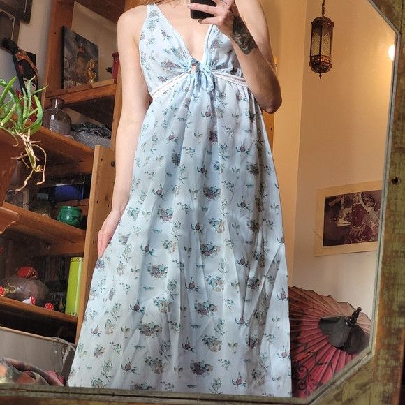 Vintage William Shiha Vintage Baby Blue Floral Print Slip Dress - M Size M / US 6-8 / IT 42-44 - 1 Thumbnail