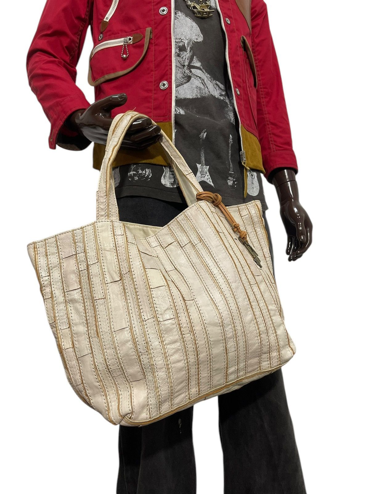 Genuine Leather Leather Patchwork Striped Trideep Tote Shoulder Bag 1🟩5 Size ONE SIZE - 4 Thumbnail