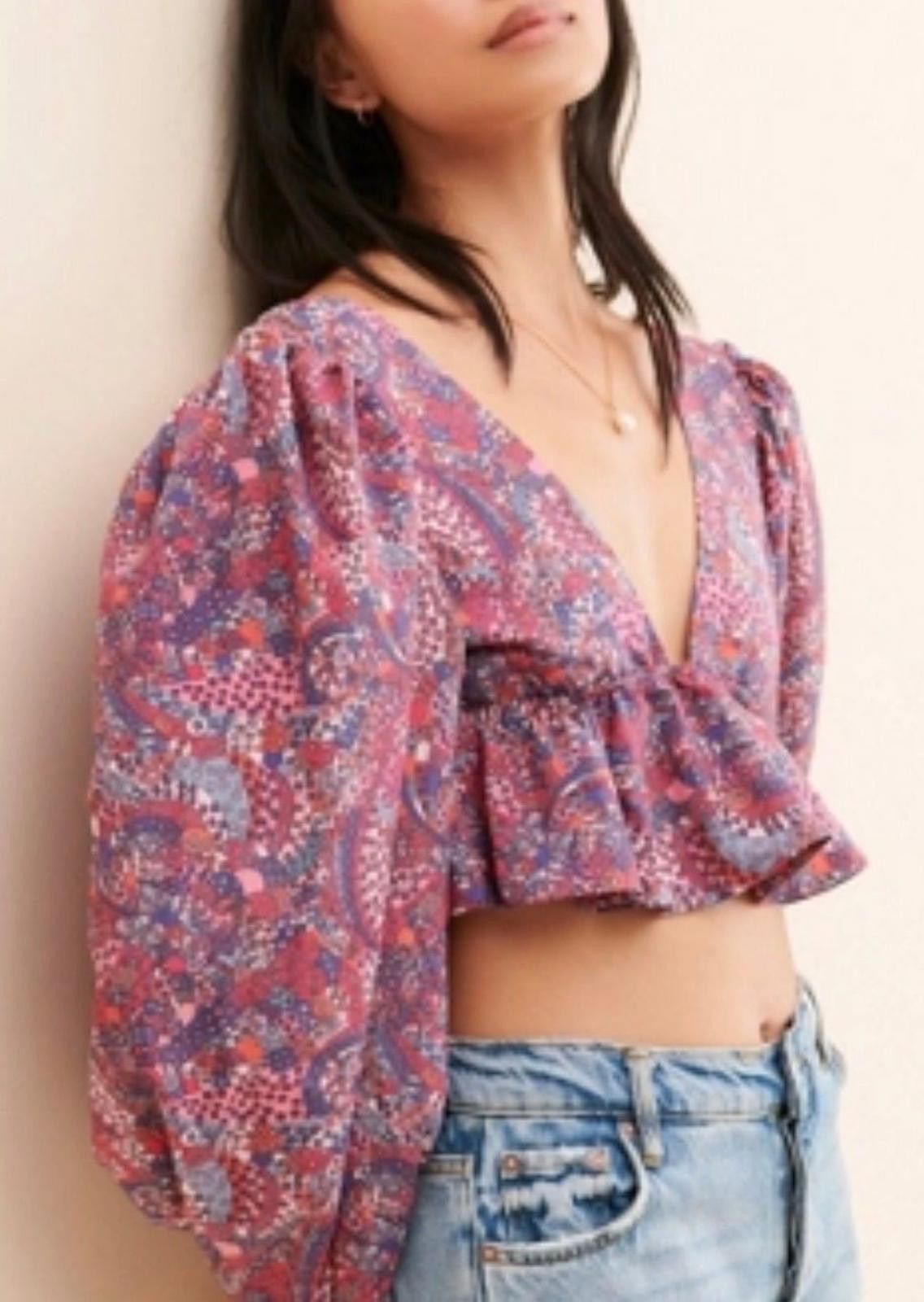 Other For Love & Lemons Paisley Purple Ruffle Crop Top with Tie Size ONE SIZE - 1 Thumbnail