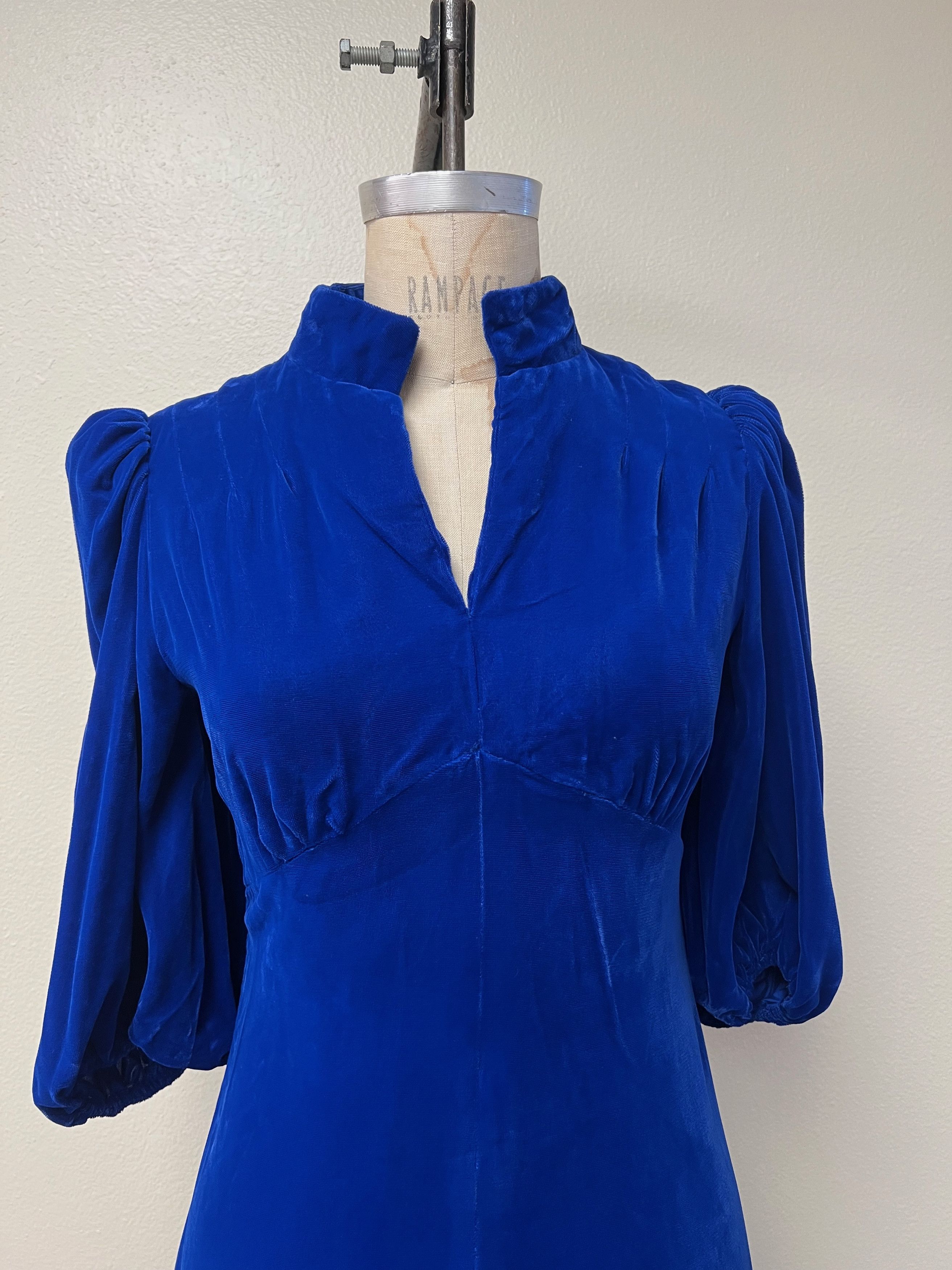 Handmade EUC Vintage 60s 70s Velvet Stand Collar Blue Maxi Dress Size S / US 4 / IT 40 - 2 Thumbnail