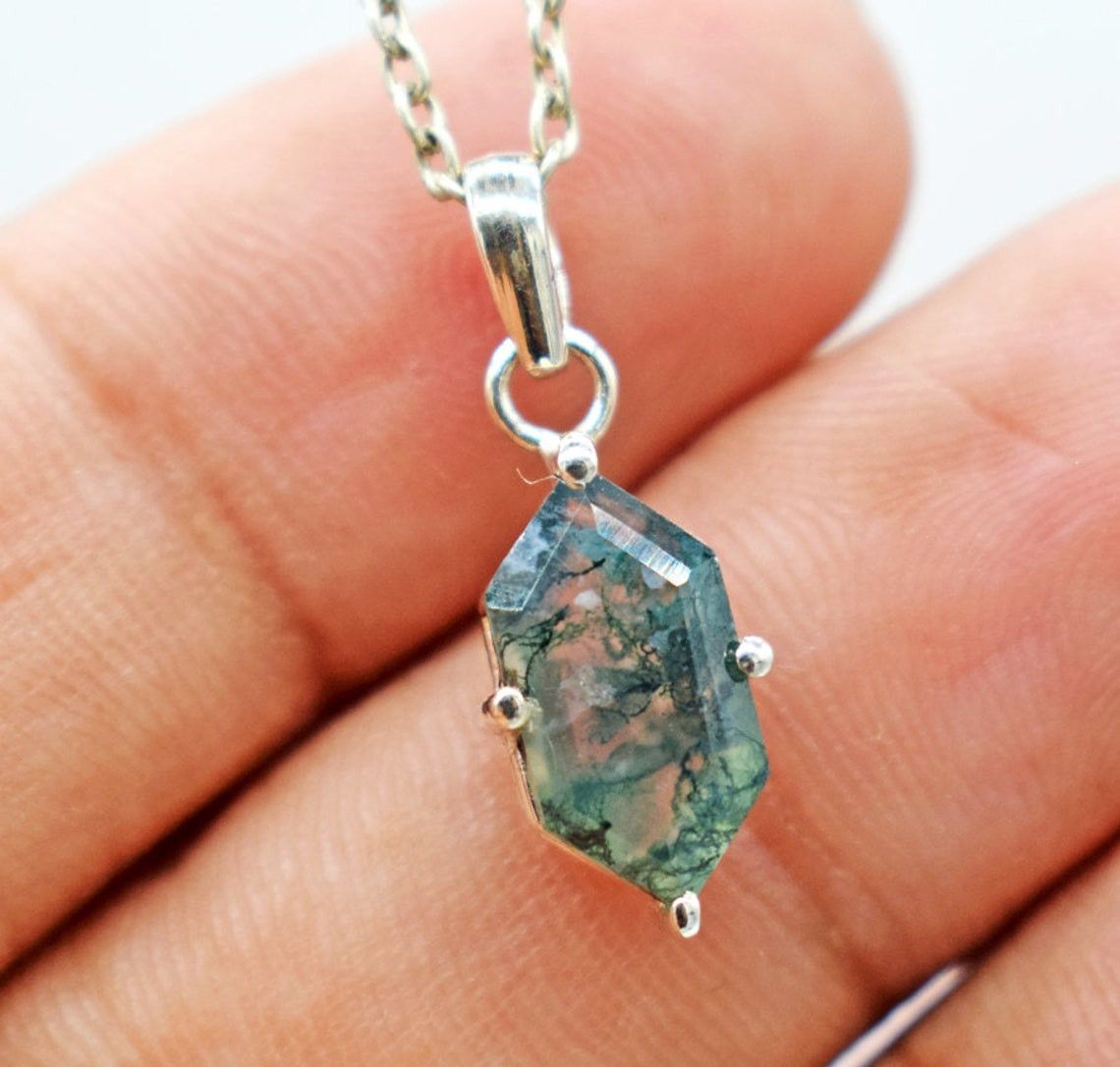 Handmade Sterling Silver Moss Agate Gemstone Necklace - 18 Inch Size ONE SIZE - 5 Thumbnail