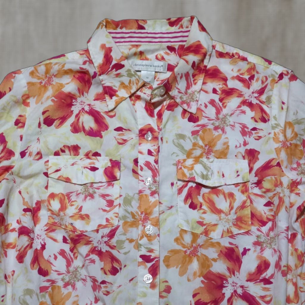 Vintage Christopher & Banks Shirt Flower Floral Red Orange White Button Up Shirt Medium Size M / US 6-8 / IT 42-44 - 1 Thumbnail