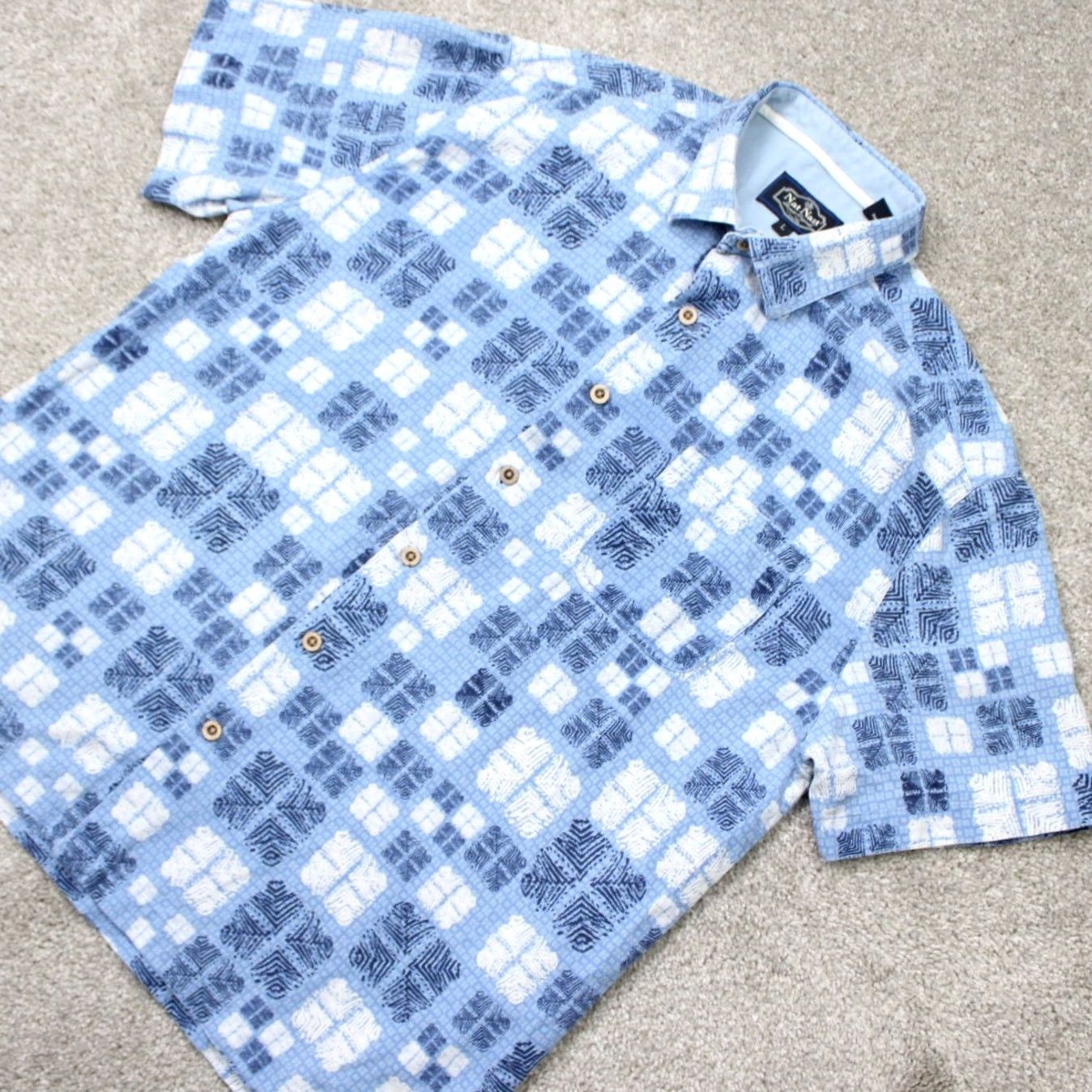 Nat Nast Nat Nast Shirt Mens Large Blue Geometric Silk/Cotton Button-Up Short Sleeve Everyday Wear Mens Large Blue Geometric Silk/Cotton Button-Up Size US L / EU 52-54 / 3 - 4 Thumbnail