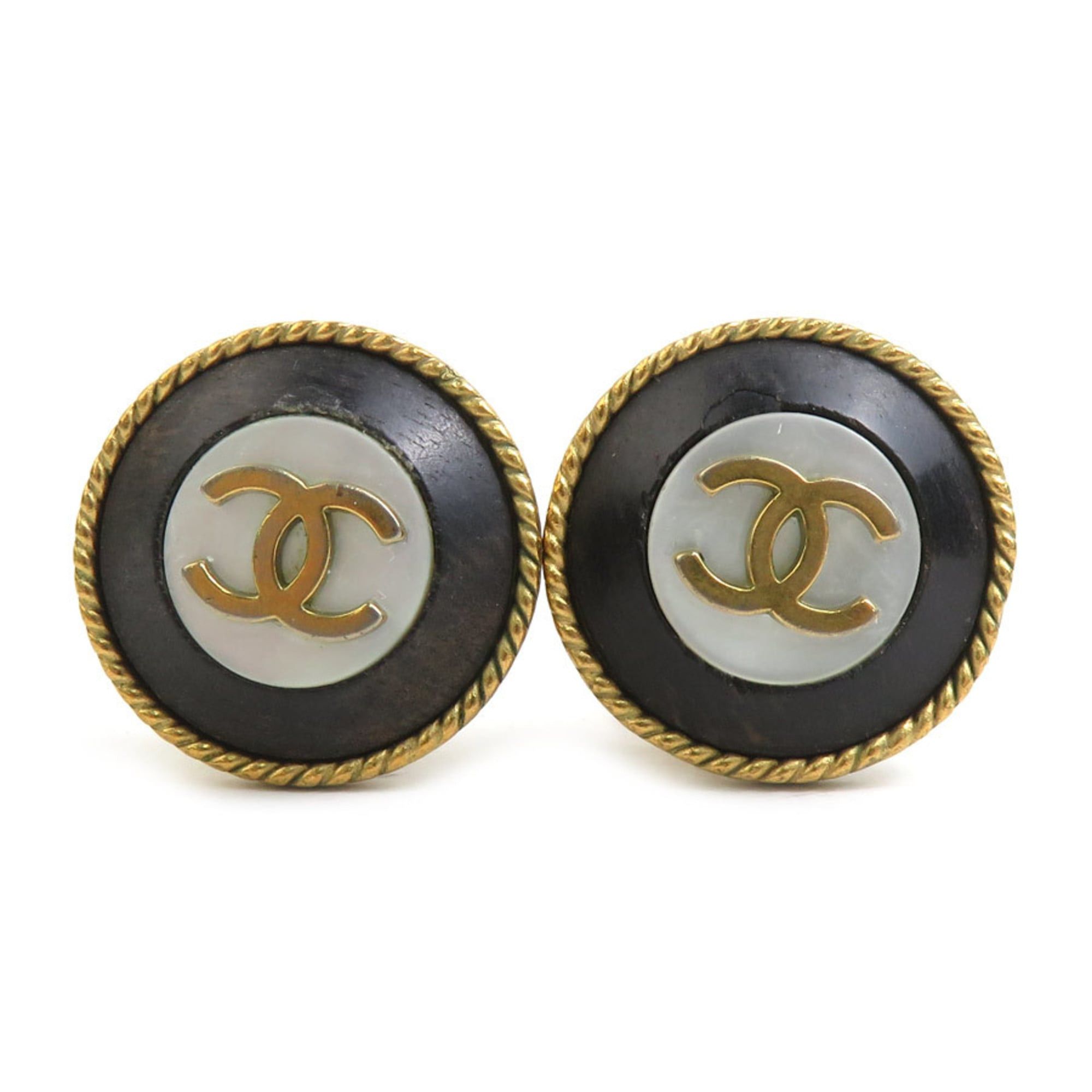 Chanel CHANEL Coco Mark Earrings in Metal/Wood/Shell, Gold/Black/White, Women's, e61303a Size ONE SIZE - 1 Thumbnail