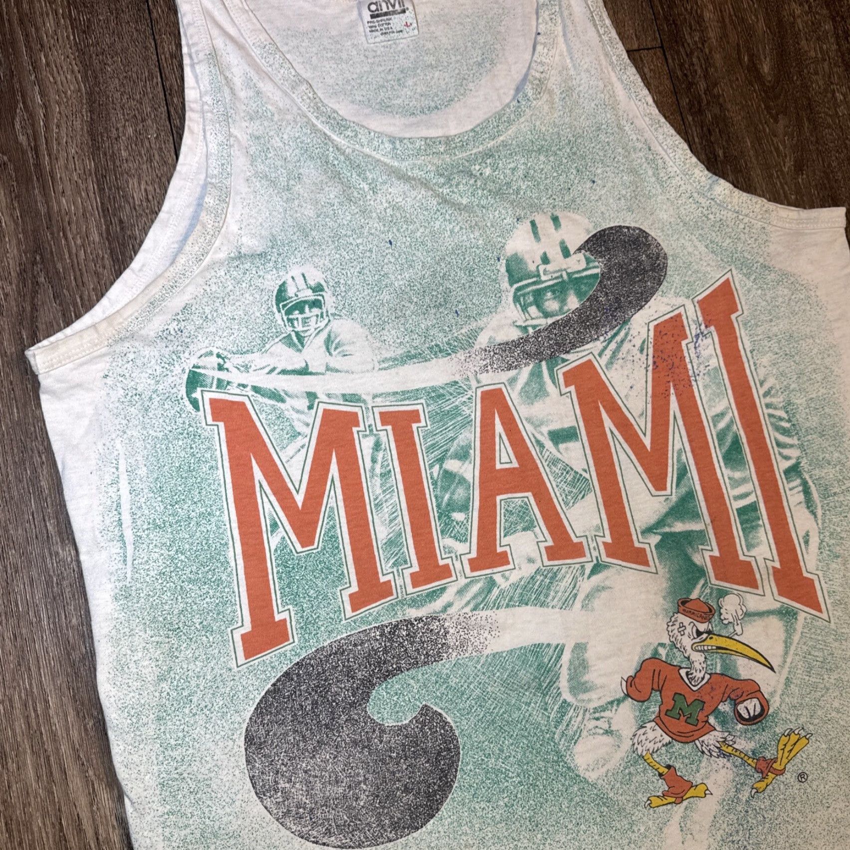 Anvil VINTAGE University of Miami Hurricanes All Over Print Tank Top T-Shirt Large Mens L White 90s Size US L / EU 52-54 / 3 - 2 Thumbnail