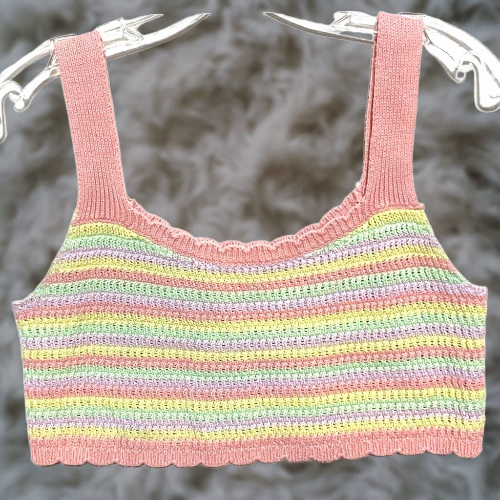 Vintage VINTAGE Wild Fable Cropped Tank Top Women M Crochet Knit Striped Pink Cotton Sleeveless Boho Y2K Festival Spring Summer Women Size M / US 6-8 / IT 42-44 - 1 Thumbnail