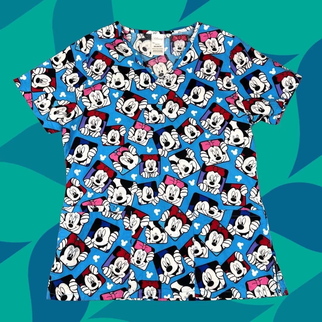 Disney VINTAGE Disney Scrub Top Mickey Minnie Mouse Cotton Blue Womens XS Size XS / US 0-2 / IT 36-38 - 1 Thumbnail