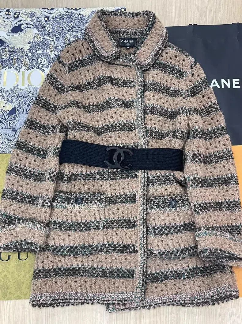 Chanel Chanel Brown and black striped knitted lace-up jacket Size S / US 4 / IT 40 - 1 Thumbnail