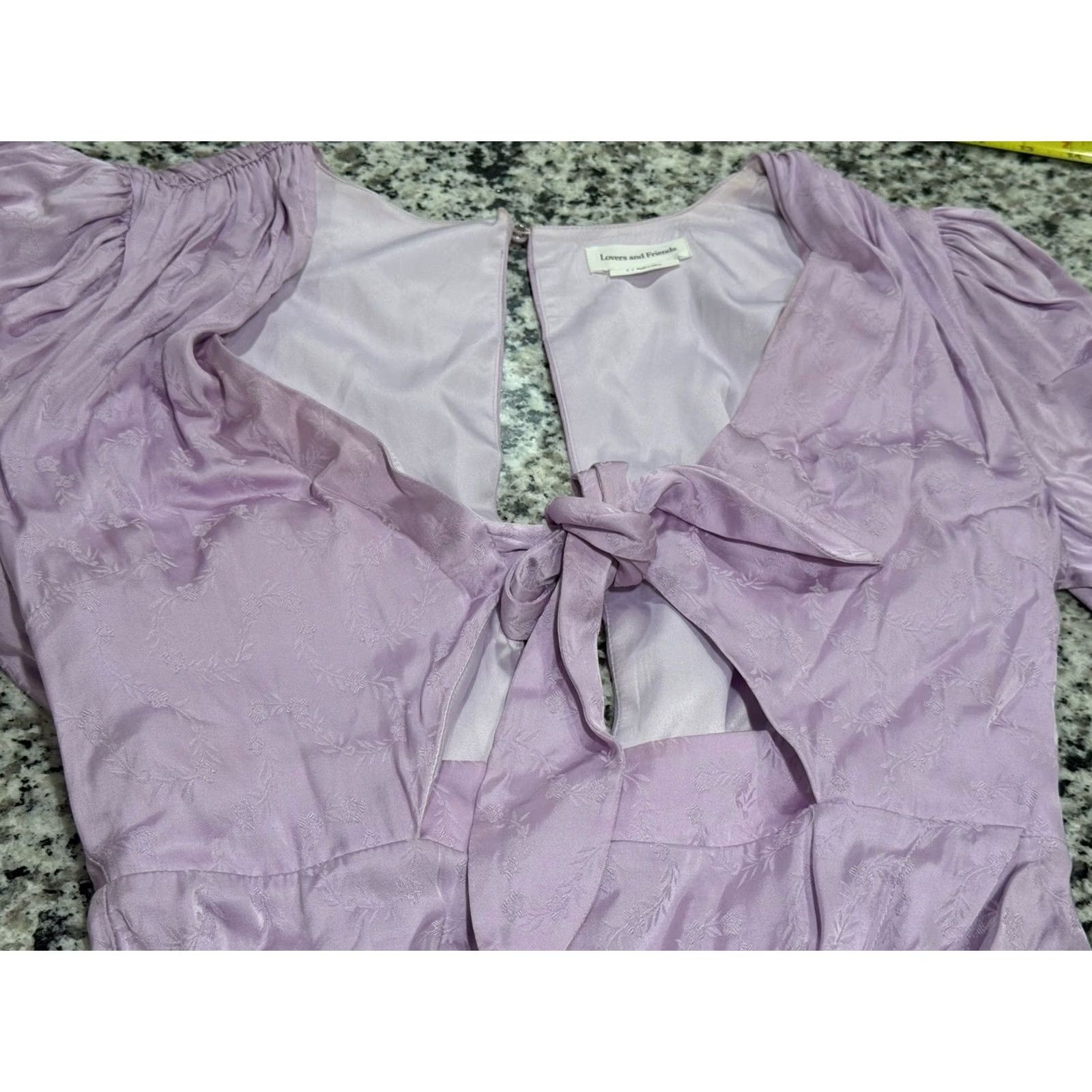 Vintage Lovers and Friends Elaine Mini Dress Lilac Purple S Small V-Neck Long Sleeve Keyhole Front Tie Zipper Button Lined Sheen Satin Hook/n/a Size S / US 4 / IT 40 - 4 Thumbnail